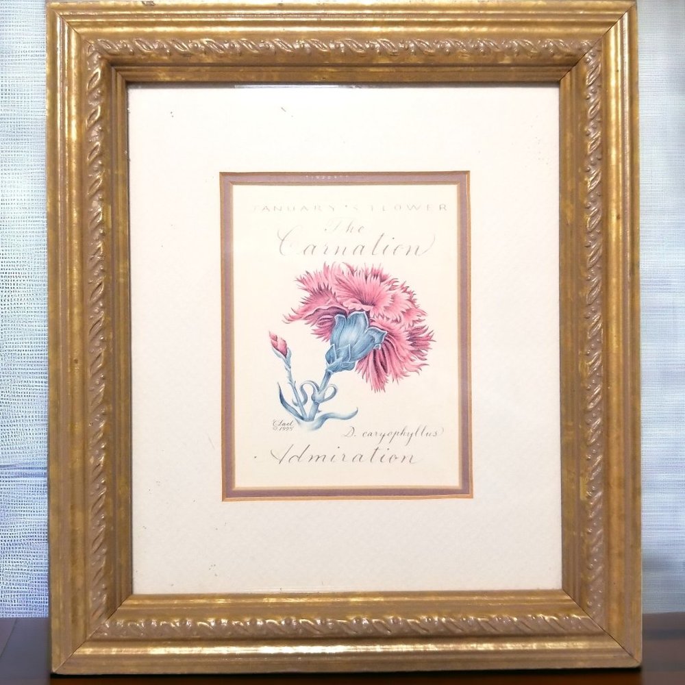 Vintage Gold Frame Carnation January's Flower: Timeless Botanical Elegance 1995 - Picture 7 of 12